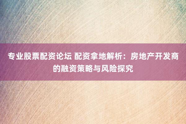 专业股票配资论坛 配资拿地解析：房地产开发商的融资策略与风险探究